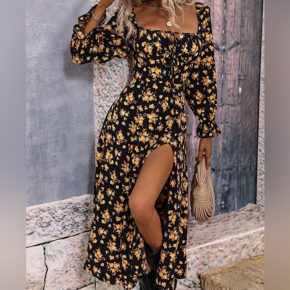 Boho floral ruffle split thigh square neck maxi dress white - Picture 5 of 8